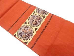 アンティーク　横段に向かい鳥・花更紗模様織り出し名古屋帯（着用可）